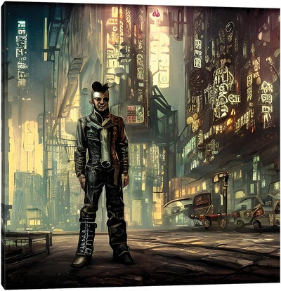 Lonely Man In A Cyberpunk Time Square Canvas Art Print - Cyberpunk Art