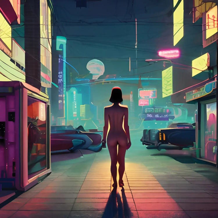 Woman In A Cartoon Cyberpunk City by Alessandro Della Torre wall art