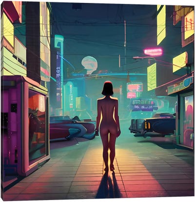 Woman In A Cartoon Cyberpunk City Canvas Art Print - Alessandro Della Torre