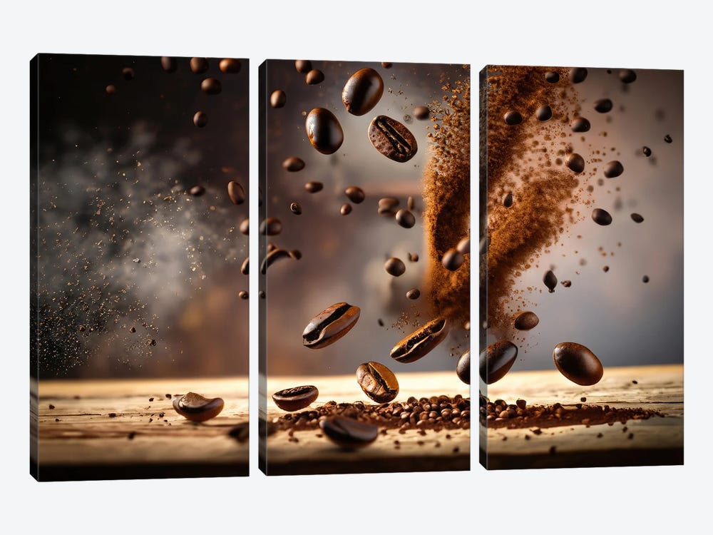 Coffee Beans Flying And Jumping by Alessandro Della Torre 3-piece Canvas Print