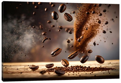 Coffee Beans Flying And Jumping Canvas Art Print - Alessandro Della Torre