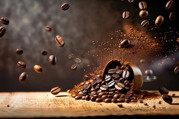 Coffee Beans Flying And Jumping Over A Cup