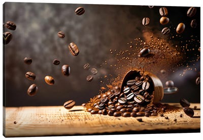 Coffee Beans Flying And Jumping Over A Cup Canvas Art Print - Alessandro Della Torre