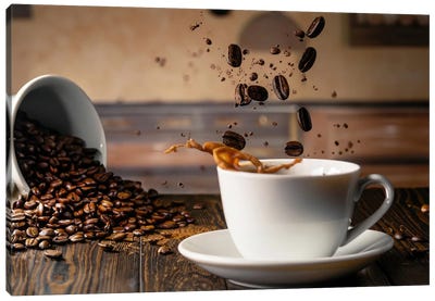 Coffee Beans Dropping On Cup Canvas Art Print - Alessandro Della Torre