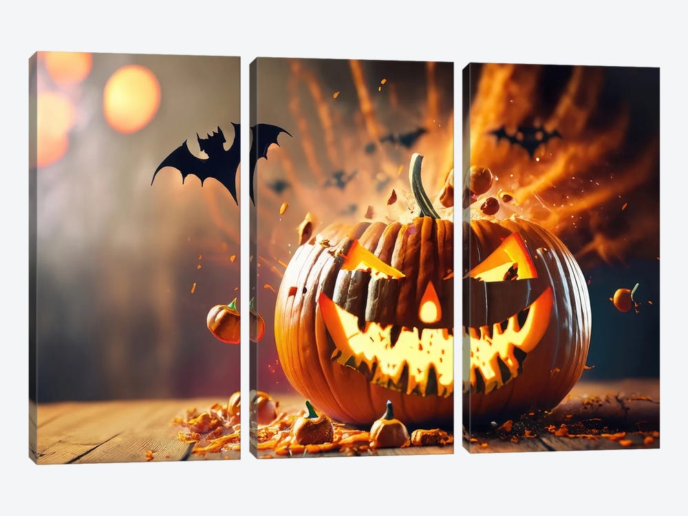 Exploding Pumpkin For Halloween by Alessandro Della Torre 3-piece Canvas Print