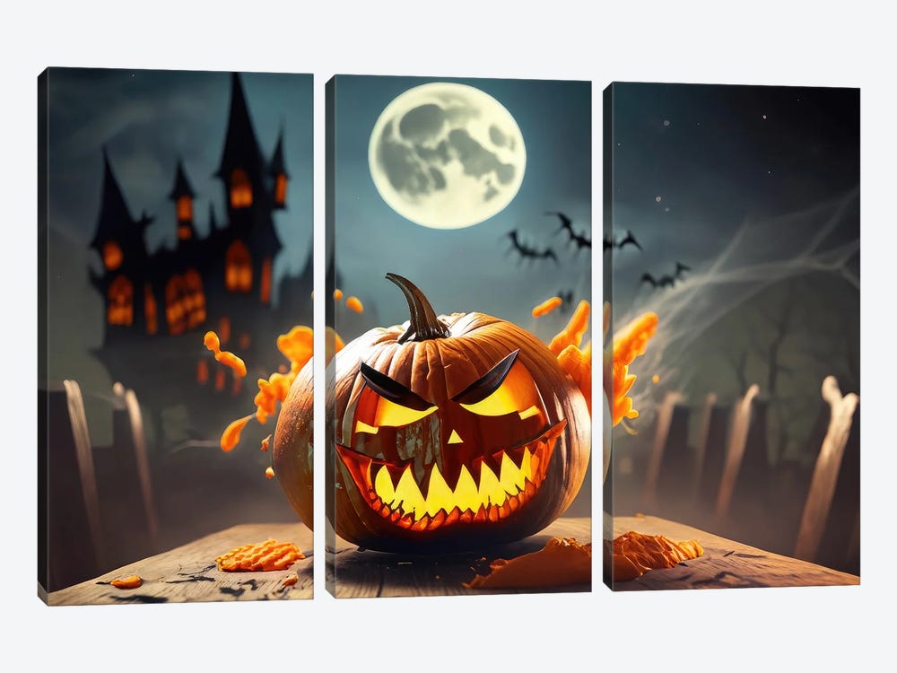 Sly Pumpkin For Halloween by Alessandro Della Torre 3-piece Canvas Wall Art