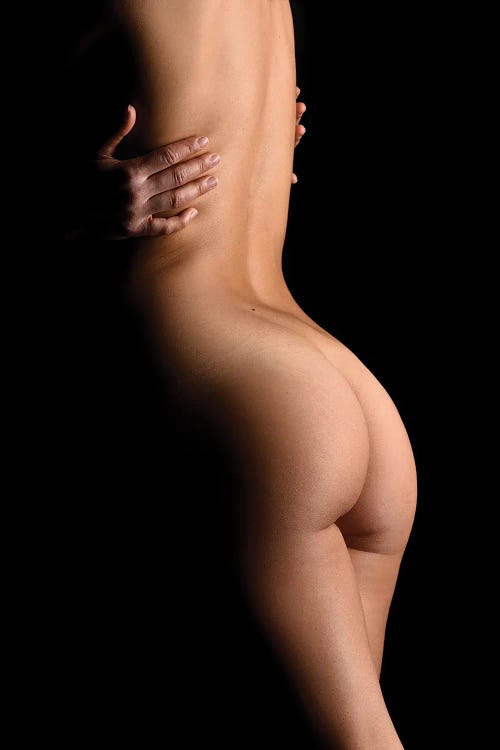 Nude Woman's Back Sensual Standing Up Naked On Black Background