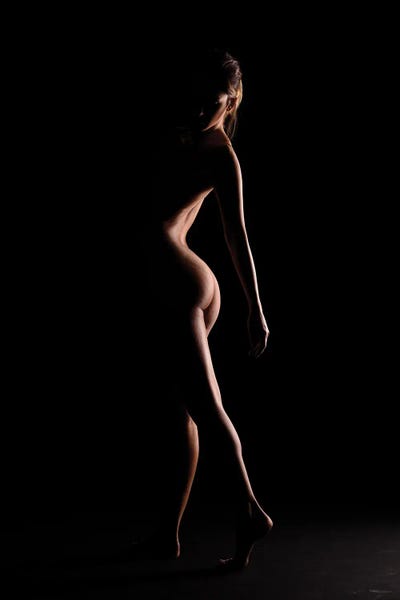Nude Woman's Bodyscape Sensual Standing Up Naked On Black Background V