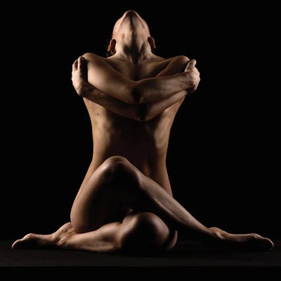 Nude Girl Embracing Naked And Posing Sitting Down On Black by Alessandro Della Torre canvas print