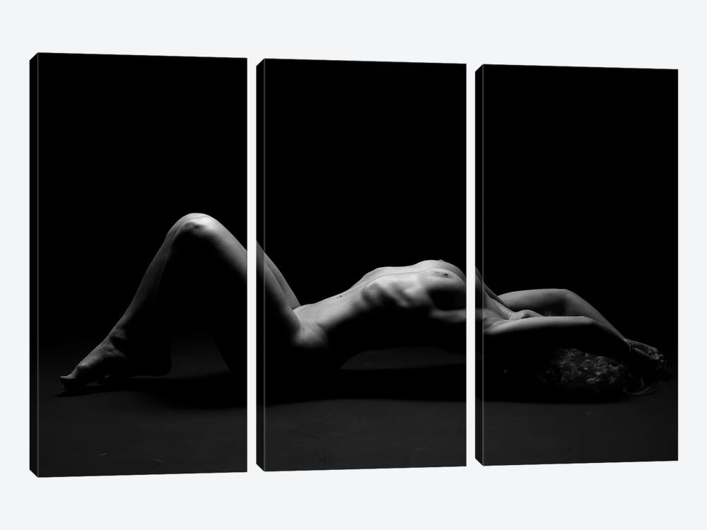 Nude Black And White Photography Of Naked Laying Down Girl I by Alessandro Della Torre 3-piece Canvas Wall Art