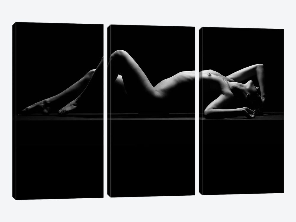 Nude Laying Down Woman Naked Sensual On Black Background VII by Alessandro Della Torre 3-piece Canvas Print