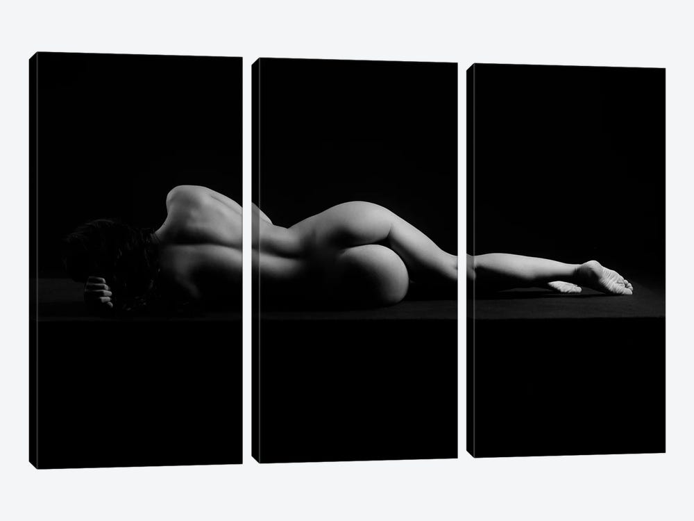 Nude Woman Sleeping Naked Laying Down Sensual Isolated On Black II by Alessandro Della Torre 3-piece Canvas Print