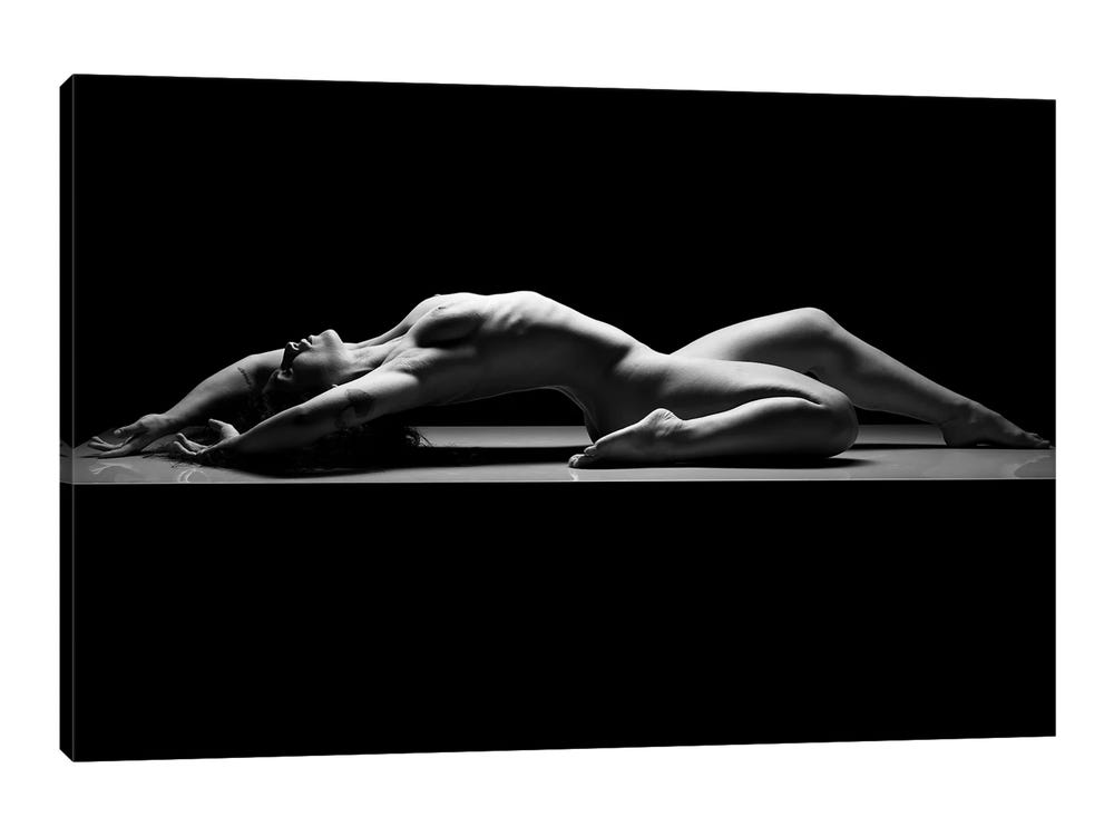 Naked Woman Silhouette Showing Boobs Black and White Art Print by