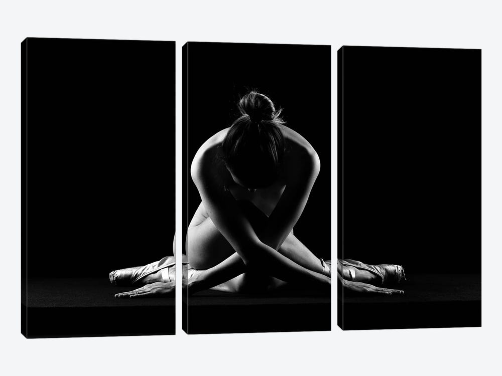 Nude Classical Ballerina Dancer Woman Sitting Naked With Ballet Shoes by Alessandro Della Torre 3-piece Canvas Wall Art