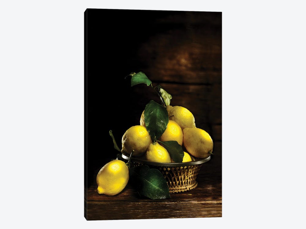 Yellow Lemon Into A Basket Over A Wooden Table by Alessandro Della Torre 1-piece Canvas Wall Art