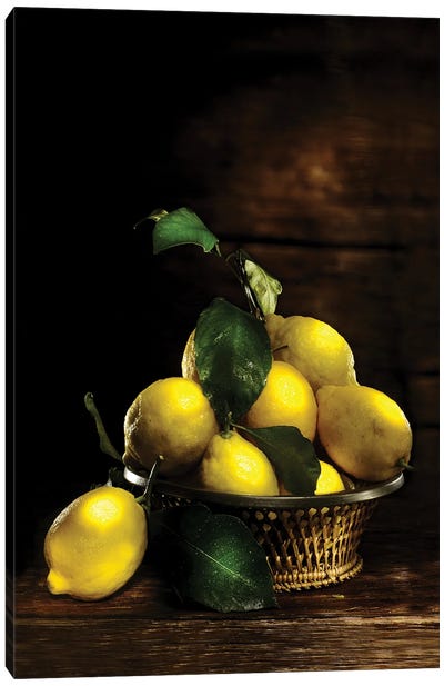 Yellow Lemon Into A Basket Over A Wooden Table Canvas Art Print - Lemon & Lime Art