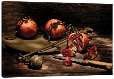 Pomegranates With Knife On A Wooden Table Canvas Art Print - Pomegranate Art