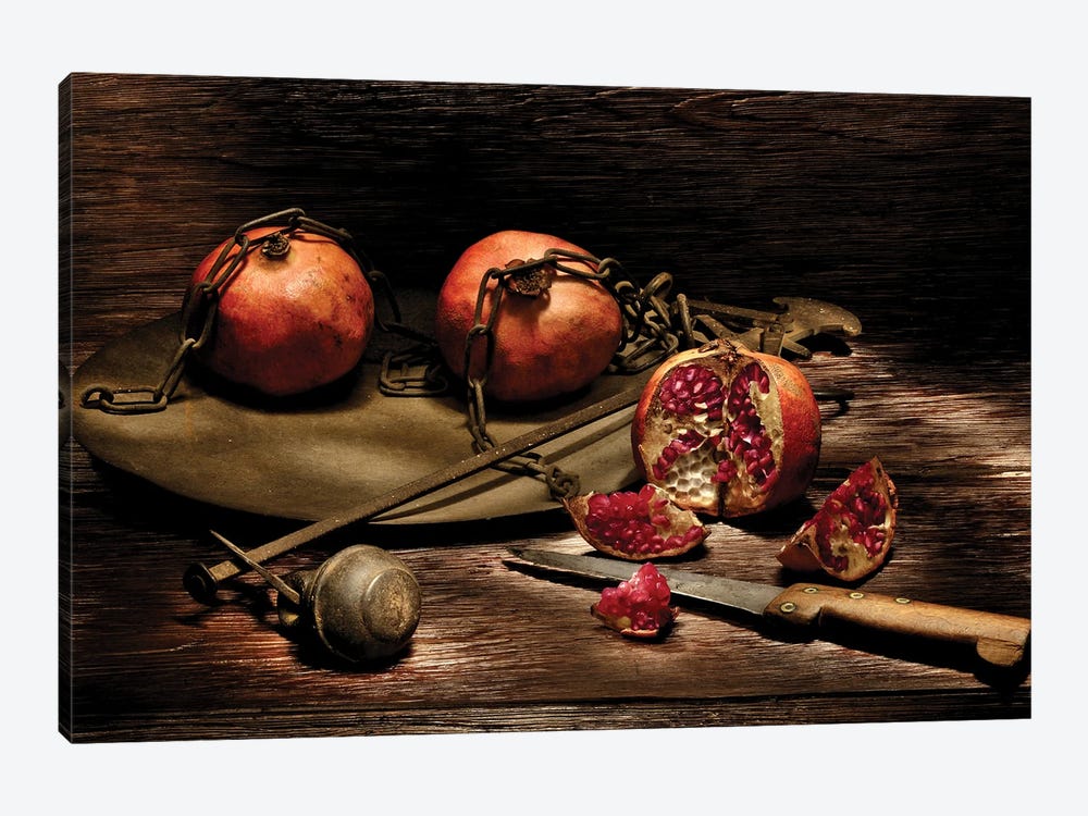 Pomegranates With Knife On A Wooden Table by Alessandro Della Torre 1-piece Canvas Print