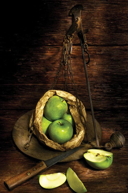 Green Apples On A Weight Meter On Wooden Table