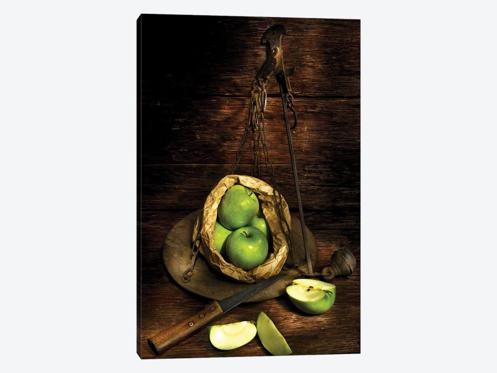 Green Apples On A Weight Meter On Wooden Table by Alessandro Della Torre 1-piece Canvas Print