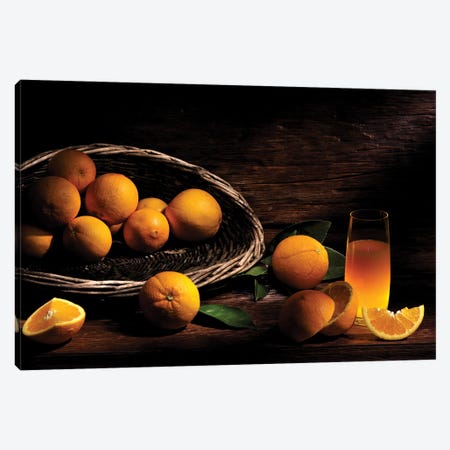 Orange With Juice On Wood Wooden Table Canvas Print #ADT511} by Alessandro Della Torre Canvas Art