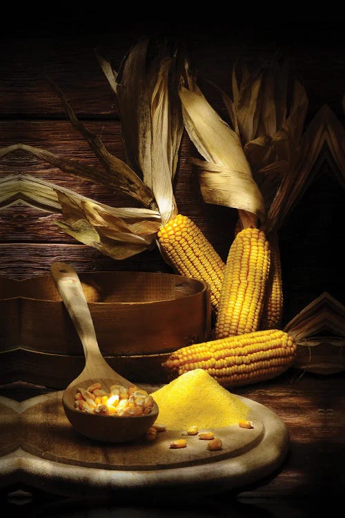 Yellow Corn With Powder On A Chopping Board Into A Wood Wooden Table