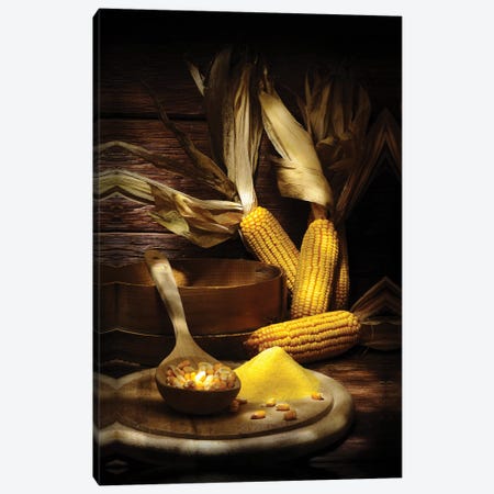 Yellow Corn With Powder On A Chopping Board Into A Wood Wooden Table Canvas Print #ADT513} by Alessandro Della Torre Canvas Artwork