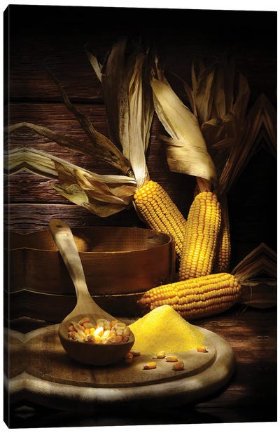 Yellow Corn With Powder On A Chopping Board Into A Wood Wooden Table Canvas Art Print - Corn Art