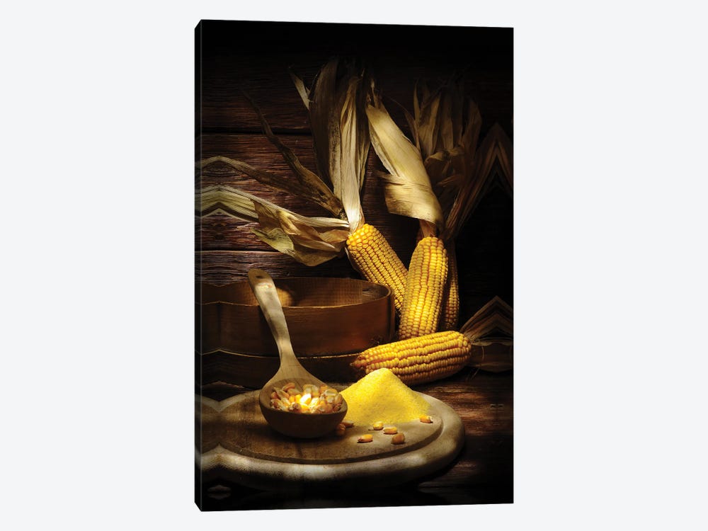 Yellow Corn With Powder On A Chopping Board Into A Wood Wooden Table by Alessandro Della Torre 1-piece Art Print