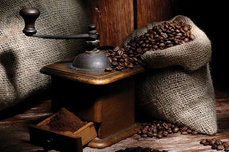 Coffe Grinder With Beans On A Wood Wooden Table by Alessandro Della Torre wall art