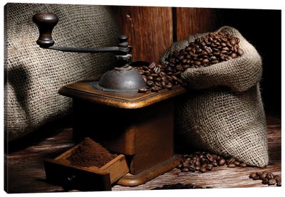 Coffe Grinder With Beans On A Wood Wooden Table Canvas Art Print - Still Life Photography