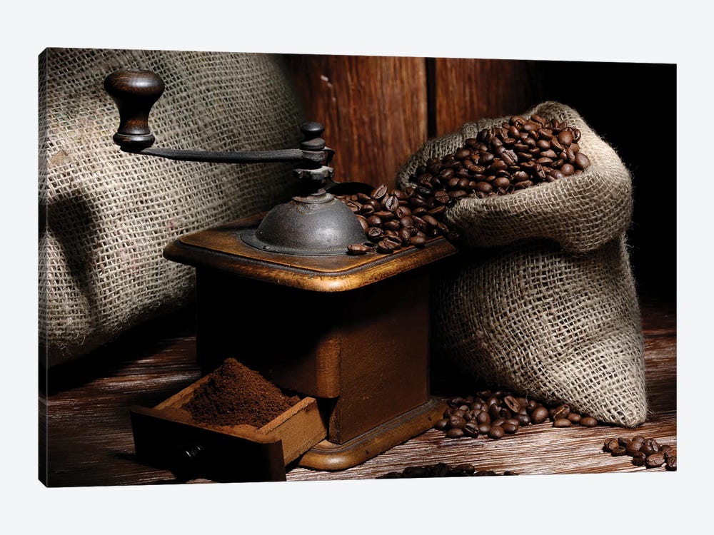 Coffe Grinder With Beans On A Wood Wooden Table by Alessandro Della Torre 1-piece Canvas Art Print