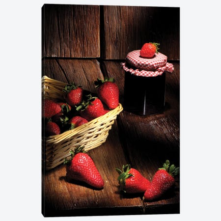 Red Strawberries And A Basket On A Wood Wooden Table Canvas Print #ADT516} by Alessandro Della Torre Canvas Art Print