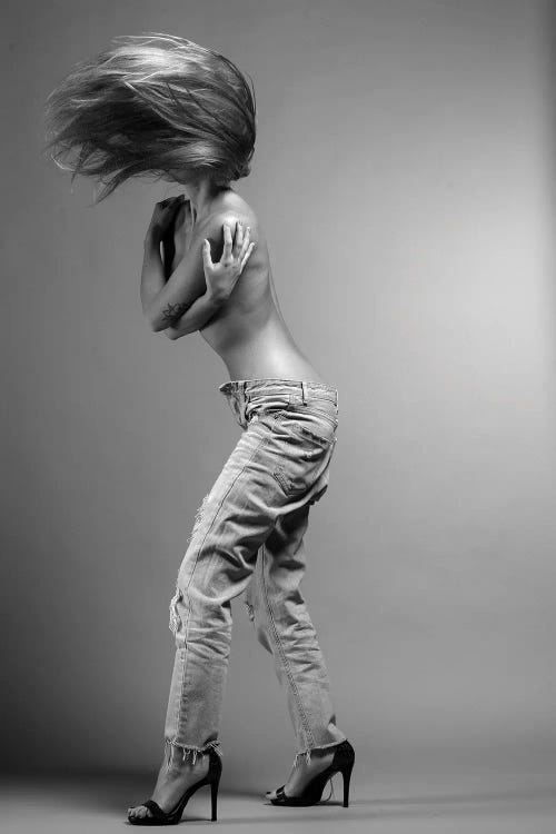 Glamour Model Jeans Topless Black White Fashion Studio