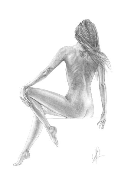 Black & White Drawings & Illustrations: Drawing Of A Girl Sitting Down On A Cube Naked by Alessandro Della Torre