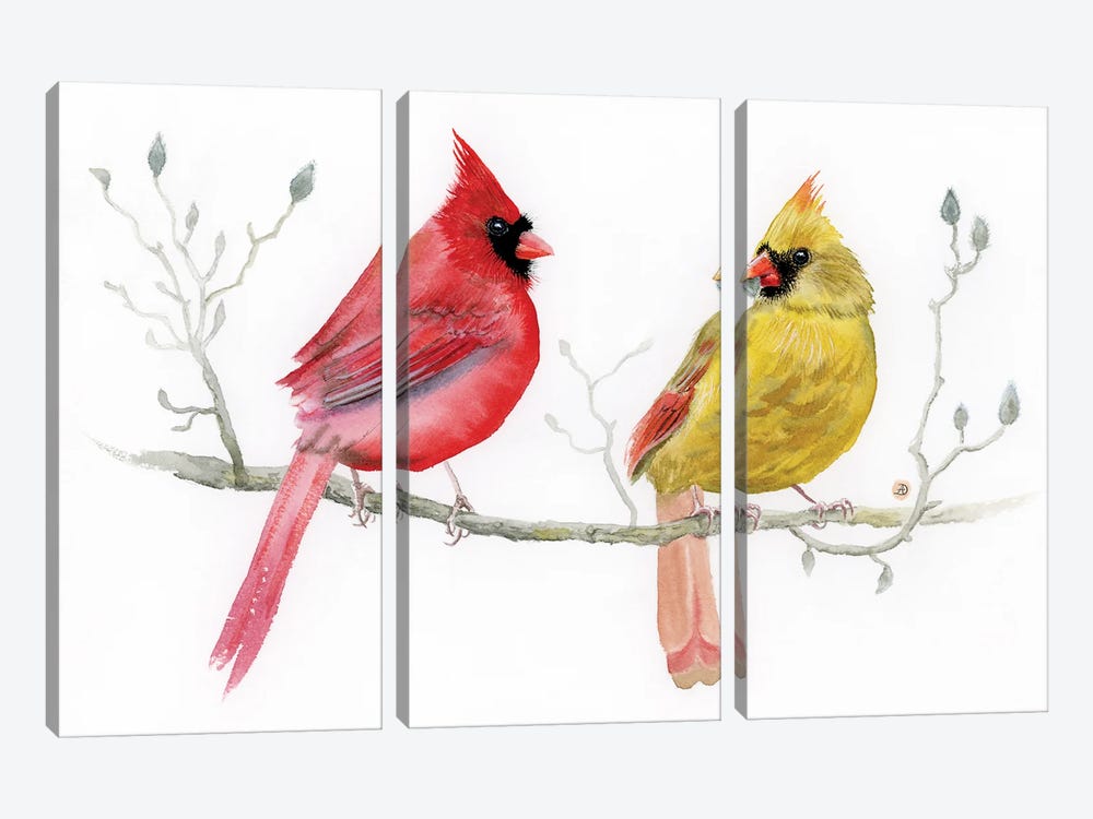 Cardinal Pair On Magnolia Branch by Andreea Dumez 3-piece Canvas Art Print