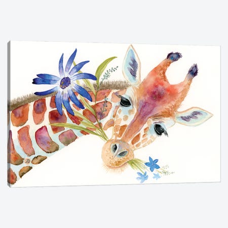 Adorable Giraffe With A Bouquet Of Blue Flowers Canvas Print #AEE119} by Andreea Dumez Canvas Wall Art