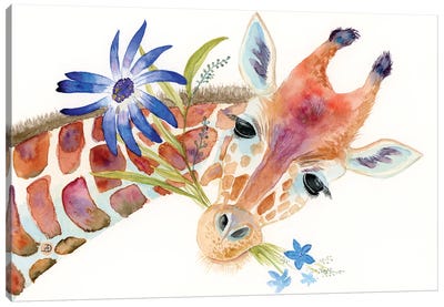 Adorable Giraffe With A Bouquet Of Blue Flowers Canvas Art Print - Andreea Dumez