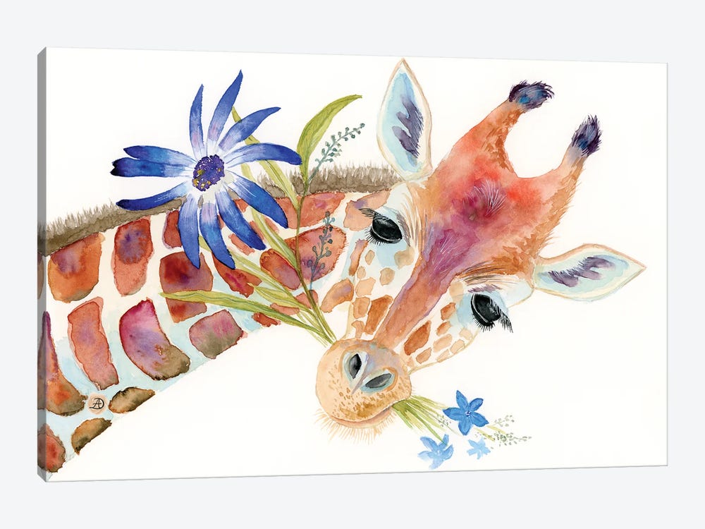 Adorable Giraffe With A Bouquet Of Blue Flowers by Andreea Dumez 1-piece Canvas Print