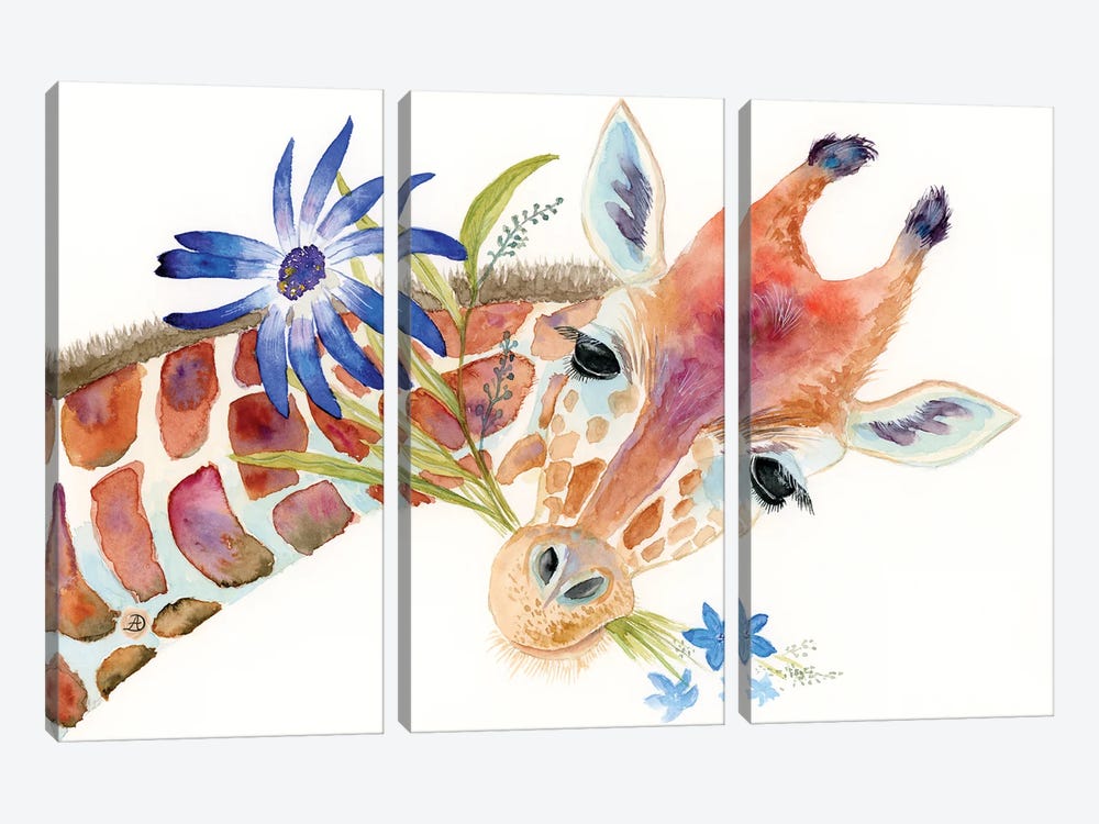 Adorable Giraffe With A Bouquet Of Blue Flowers by Andreea Dumez 3-piece Canvas Print