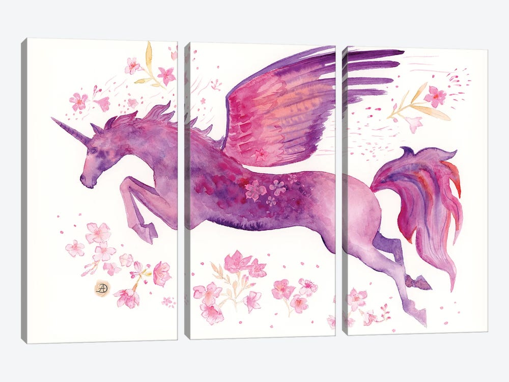 Flying Unicorn - Purple Fantasy by Andreea Dumez 3-piece Art Print