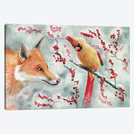 The Fox And The Audacious Lady Cardinal Canvas Print #AEE153} by Andreea Dumez Canvas Artwork
