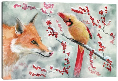 The Fox And The Audacious Lady Cardinal Canvas Art Print - Fox Art