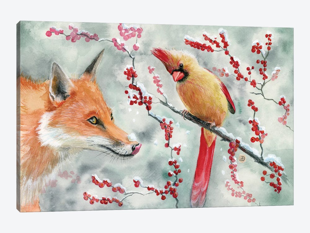 The Fox And The Audacious Lady Cardinal by Andreea Dumez 1-piece Canvas Art Print