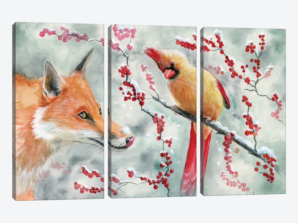 The Fox And The Audacious Lady Cardinal by Andreea Dumez 3-piece Canvas Print
