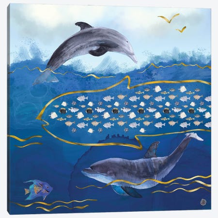 Dolphins Hunting Fish - Surreal Seascape Canvas Print #AEE15} by Andreea Dumez Canvas Wall Art