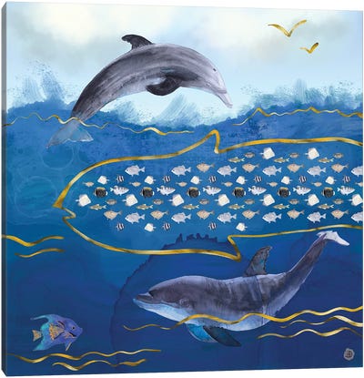 Dolphins Hunting Fish - Surreal Seascape Canvas Art Print - Wildlife Conservation Art