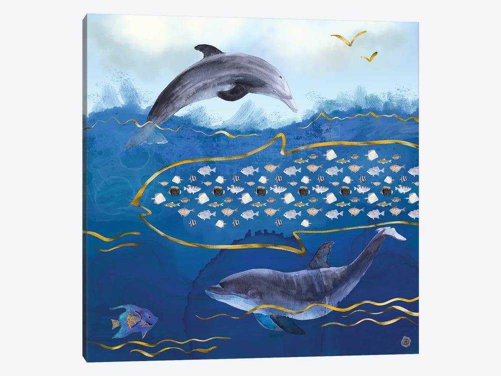 Dolphins Hunting Fish - Surreal Seascape by Andreea Dumez 1-piece Canvas Wall Art