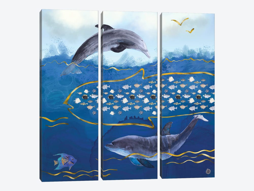 Dolphins Hunting Fish - Surreal Seascape by Andreea Dumez 3-piece Canvas Artwork