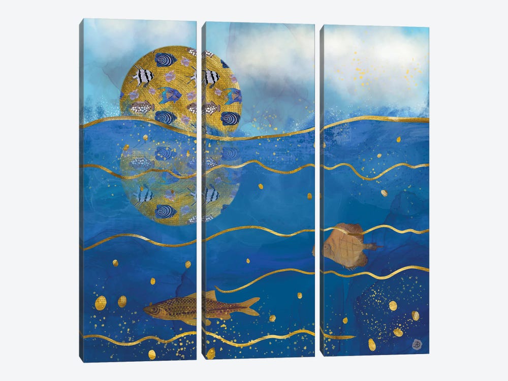 Golden Moon Over The Ocean - Surrealist Dreams by Andreea Dumez 3-piece Canvas Print